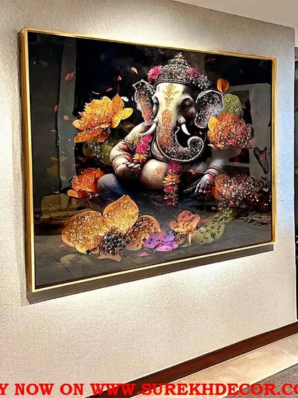 Bring divine energy into your home with this beautiful crystal painting of Lord Ganesha. The vibrant colors and floral elements in this 24x36 inch artwork create a joyful and auspicious focal point.