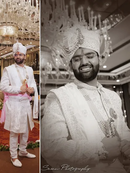 A collage of the groom's portraits, showing him in both full-length and close-up shots, in color and monochrome.