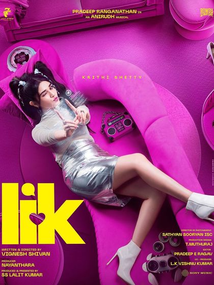For this *Love Insurance Kompany* poster, I designed a playful and futuristic look for Krithi Shetty. The costume features a metallic silver mini dress, white ankle boots, and a sheer top, set against a vibrant, surreal pink backdrop.