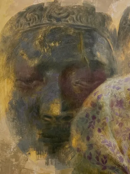 A detail from "Echoes in Her Eyes," focusing on the expressive, layered faces.