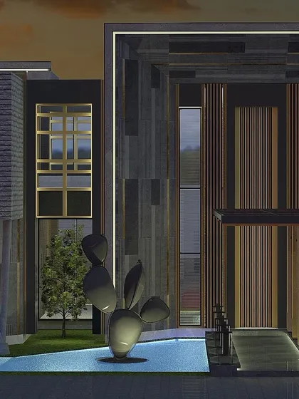 An exploration of form and materiality, this design combines stone, wood, and water elements. An abstract sculpture stands as a focal point, reflecting our belief in integrating art directly into the architectural experience.
