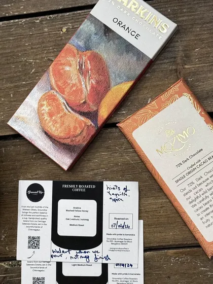 The beautiful packaging of the craft chocolates and coffee we featured in our workshop, highlighting local and artisanal producers.