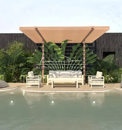 This rooftop design combines a pool with a shaded lounge area under a wooden pergola. Surrounded by lush tropical plants, it feels like a private resort in the sky.