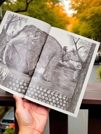 A beautiful scene from the book depicting a close encounter with an elephant. It's a tribute to the rich sensory experiences of a childhood spent close to nature in India.