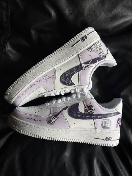 A top-down shot of the "Speak Now" custom sneakers, showing all the intricate details.