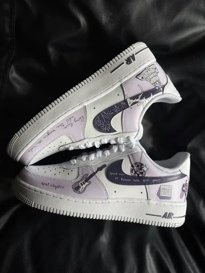 A top-down shot of the "Speak Now" custom sneakers, showing all the intricate details.
