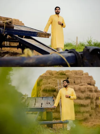 A collage showing the groom in a rustic, rural setting for his Haldi day photos, connecting with his roots.