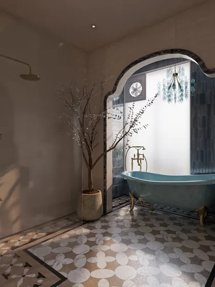 I believe bathrooms should be as beautiful as any other room. This design transforms a functional area into a spa-like retreat, featuring a statement powder blue bathtub set within a dramatic arch and flooring inspired by traditional Moroccan bathhouses.
