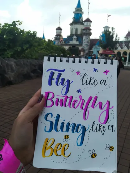 My sketchbook page from a day at Imagicaa theme park, with the quote "Fly like a butterfly, sting like a bee."