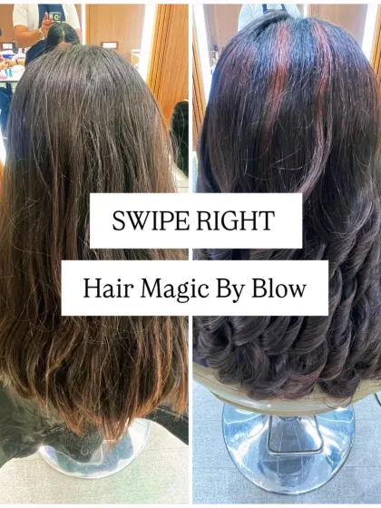 Swipe to see the magic. This before and after shows a hair makeover where we added subtle red highlights and created beautiful, defined curls.