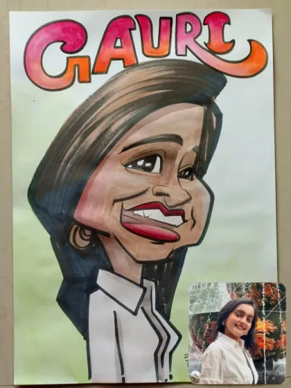A vibrant, colorful caricature of a client, created from the small reference photo shown in the corner. I can work from any clear picture to create a personalized piece of art.