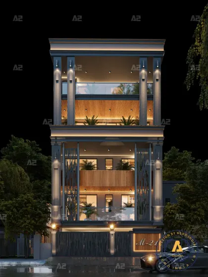 Located in Rajouri Garden, Delhi, this 200 sq-yd residence brings together modern design and timeless classical touches. With clean vertical MS pillars and intricate metal jaalis, the facade strikes a perfect balance of strength and refined detail.