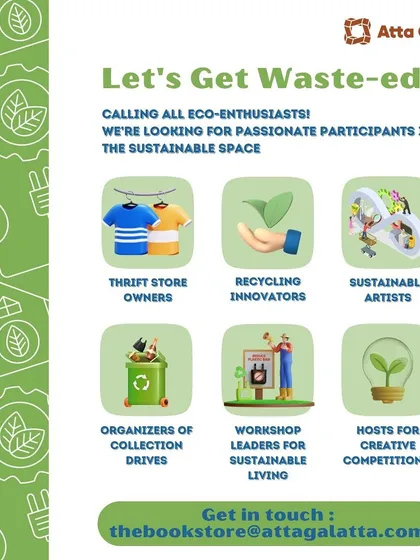 A call for participants for a sustainability-focused event, inviting thrift store owners, artists, and innovators.