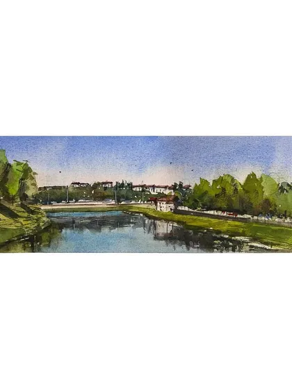A panoramic watercolor painting of the River Arno in Italy. This piece was created on Baohong cold press paper, remembering the beautiful views from my travels.