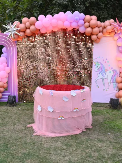 The full view of the outdoor unicorn party setup, showing how all the elements come together.