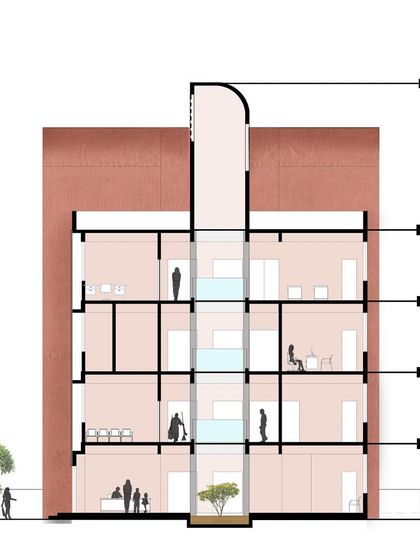 A good section drawing tells the truth of a building. This sectional drawing reveals the floor-to-floor logic, light penetration through a central atrium, and the human scale of a residential project, demonstrating how we embed sustainability into the very form of the structure.