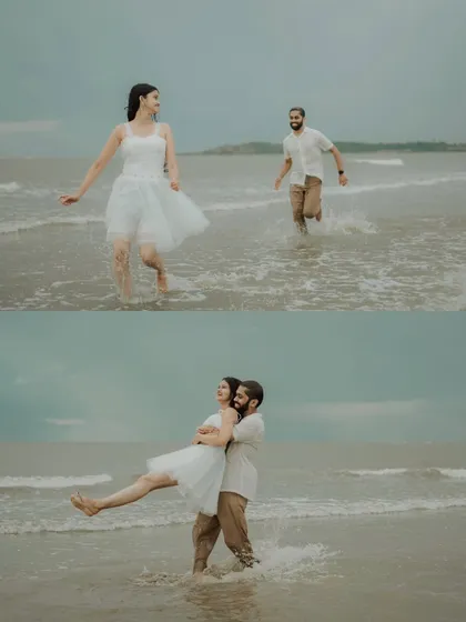 A collage of playful moments by the water. From running in the waves to being swept off her feet, this shows the fun and joy of a beach pre-wedding shoot.