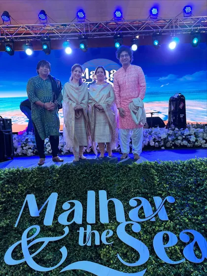 On the stage of the 'Malhar & the Sea' festival in Goa with my fellow artists. The grand stage design adds to the festive atmosphere of the event.