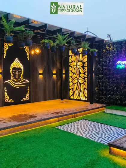 A serene night view of a completed project in Uttam Nagar, featuring a custom-lit Buddha jaali panel. We incorporate decorative and personalized elements to create a unique ambiance that reflects your style.