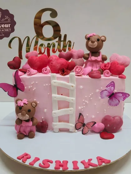 A 6-month birthday cake for a little girl. This pink chocolate truffle cake is decorated with cute fondant teddy bears, hearts, and butterflies.