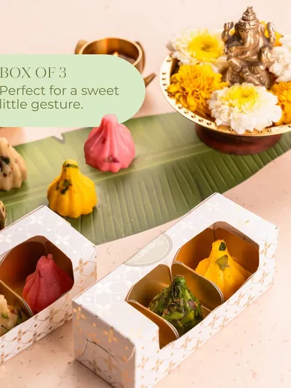 This box of 3 modaks is perfect for a sweet little gesture. It's a wonderful way to share a small token of love and devotion during the Ganpati festival.