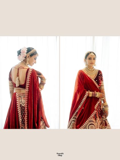 A diptych of the bride in her rich red velvet lehenga, showcasing her elegant poses from the front and back.