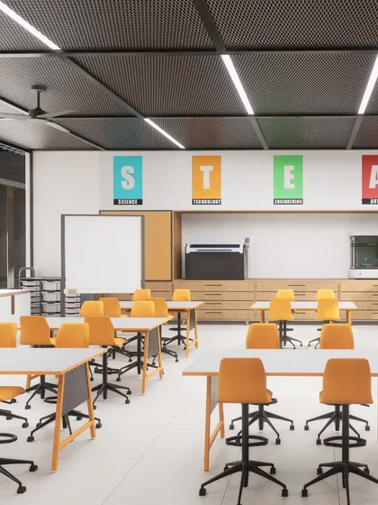 A STEAM classroom at Heritage Xperiential Learning School. The space is bright, organized, and equipped with modern technology to support an integrated approach to Science, Technology, Engineering, Arts, and Mathematics.