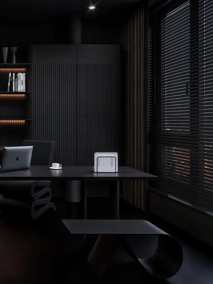 This shot captures the city lights through the blinds, adding an urban context to the dark, intimate interior.