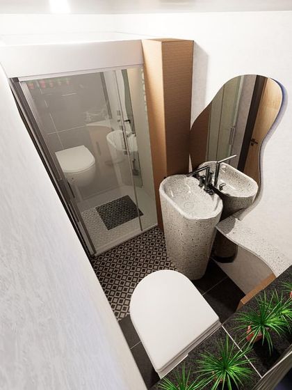This compact yet luxurious bathroom concept was a design challenge for our intern. The result is a highly functional 40 sq.ft. space that includes a full steam bath, smart storage, and air-purifying plants.