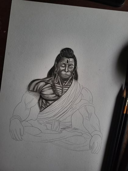 An earlier stage of the Hanuman sketch, focusing on the development of the upper body and facial features.