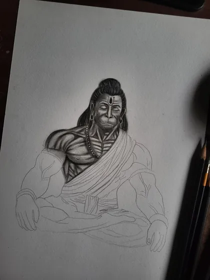 An earlier stage of the Hanuman sketch, focusing on the development of the upper body and facial features.
