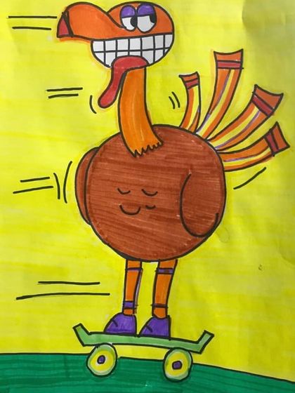 Learning to draw motion is a key part of cartooning. The speed lines and bent legs give this skateboarding turkey a sense of dynamic movement.