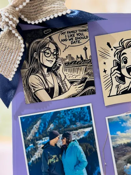 "My family thinks I like you and we should date." The comic-style art captures a key moment in their love story, making the gift truly unique.