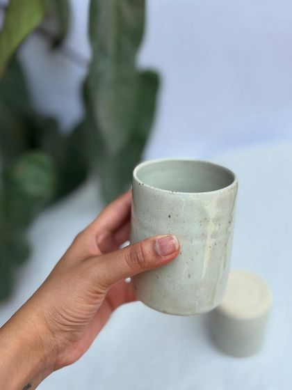 Our tumblers in the 'White Rabbit' glaze. It's a soft, speckled white that is both modern and timeless. Perfect for water, juice, or an iced coffee.