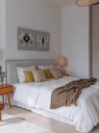 This bedroom in the Corner House uses a calm, neutral palette to create a restful atmosphere. The design is simple and uncluttered, with a focus on texture through the use of natural linens and a woven rug.