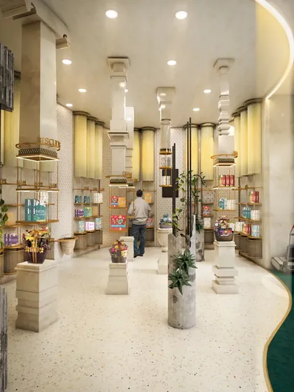 This rendering illustrates the store's layout, where modern, deconstructed pillars are placed alongside traditional display columns. The curved lighting element symbolizes "Sangam," or coming together, a core concept of the brand.