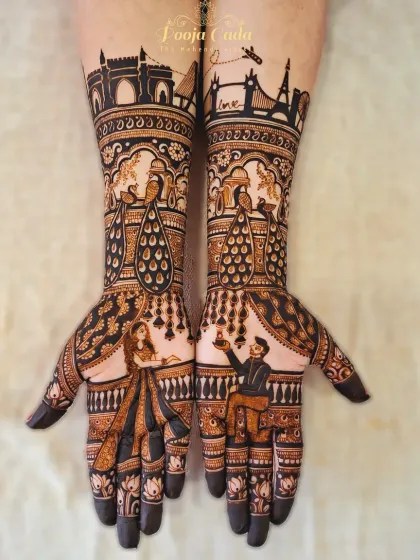 For the bride with a globetrotting romance. This design brings together the skylines of Mumbai and Paris, telling a story of love that connects continents. Whether it's a landmark from your hometown or the city where you got engaged, I can weave it into your bridal mehendi.