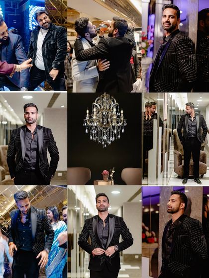 A collage showcasing the groom's stylish reception look in a series of dynamic black and white portraits.