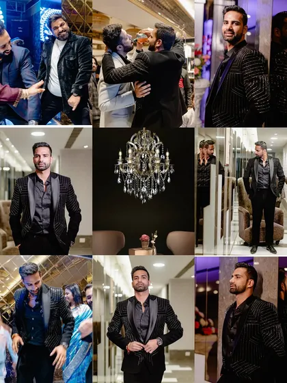A collage showcasing the groom's stylish reception look in a series of dynamic black and white portraits.