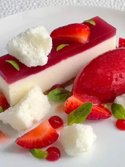 A light and elegant strawberry cheesecake bar with a jelly topping and sorbet. A refreshing dessert option for any party.