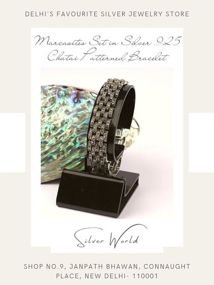 This 'chatai' or mat-patterned bracelet is set with Swiss marcasites. It's a unique, textured design that is both modern and timeless.