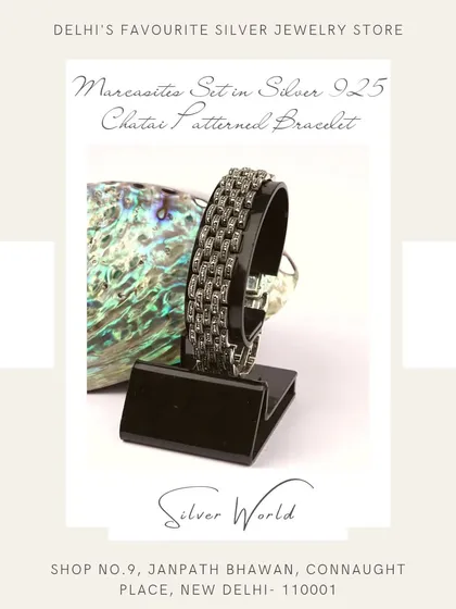 This 'chatai' or mat-patterned bracelet is set with Swiss marcasites. It's a unique, textured design that is both modern and timeless.