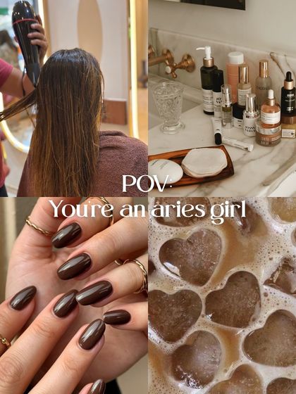 POV: You're an Aries girl. This mood board is all about bold energy, featuring rich brown nails, fresh blowouts, and iced coffee.