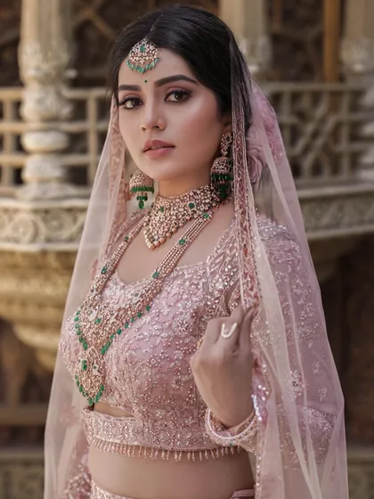 A stunning bride in a pastel pink lehenga, framed by a traditional archway. The makeup is soft and romantic, with a sheer veil adding to the ethereal look.