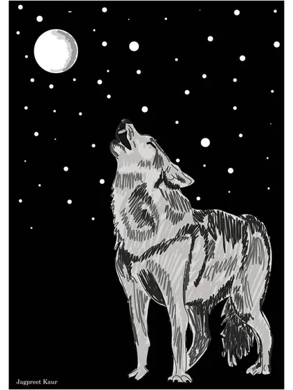 A wolf howling at the moon. This piece is about connection, inspired by the idea that we are never truly alone, but are all wolves howling at the same moon.