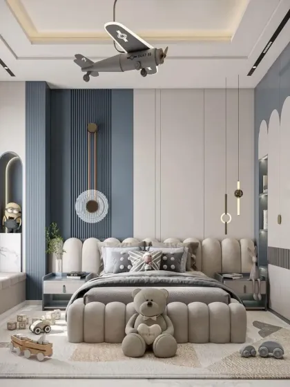 Designing a kid's room that is both fun and functional is my specialty. This concept features a playful airplane light fixture, a cozy upholstered bed, and custom wardrobes that grow with your child.