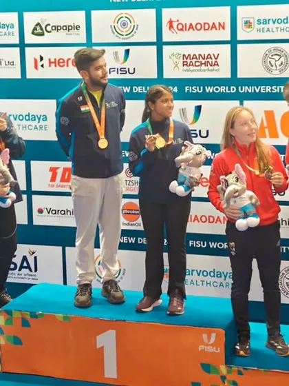 A moment of victory and a memory for a lifetime. The podium finish for the 10M Air Rifle Mixed Team, with Team India taking the top spot, captured by a celebratory selfie.