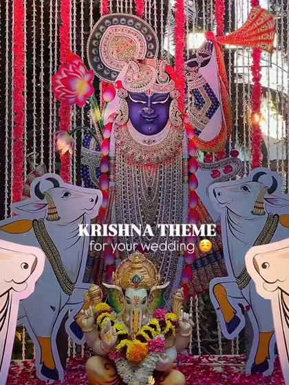 Introducing a unique "Krishna Theme" for your wedding. This setup features a beautiful idol of Shrinathji, surrounded by traditional Pichwai-style cow cutouts and floral decorations.