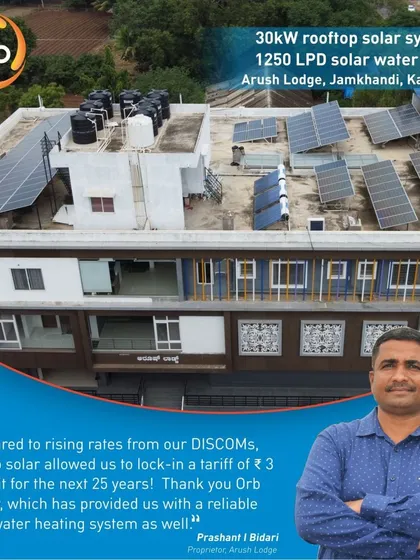 For Arush Lodge in Jamkhandi, we provided a complete energy solution with a 30kW rooftop solar system and a 1250 LPD solar water heater. This allows the proprietor, Mr. Prashant Bidari, to lock in his electricity tariff at a low rate for 25 years while ensuring his guests have a reliable supply of hot water.