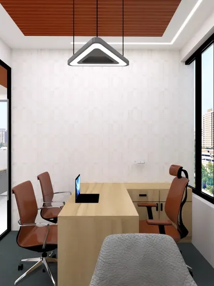 This perspective of the office cabin render focuses on the L-shaped desk and seating arrangement. The design ensures there is enough space for meetings while maintaining a personal work area, all part of my modular office furniture solutions.